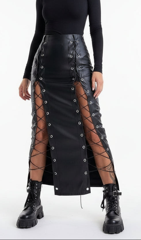 Falda Lápiz PU con Abertura y Cordones – Estilo Urbano