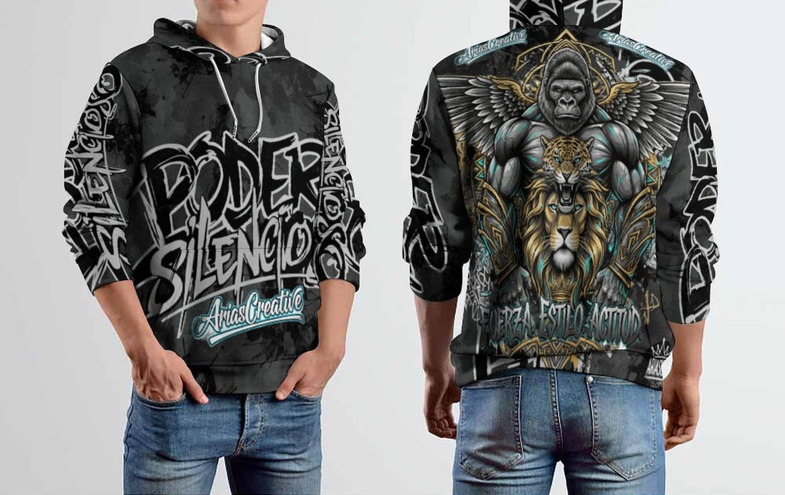 Sudadera con Capucha, Hoodie Monocromo “PODER SILENCIOSO” con Animales Salvajes – Edición Limitada AriasCreative