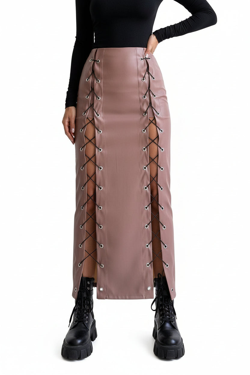 Falda Lápiz PU con Abertura y Cordones – Estilo Urbano
