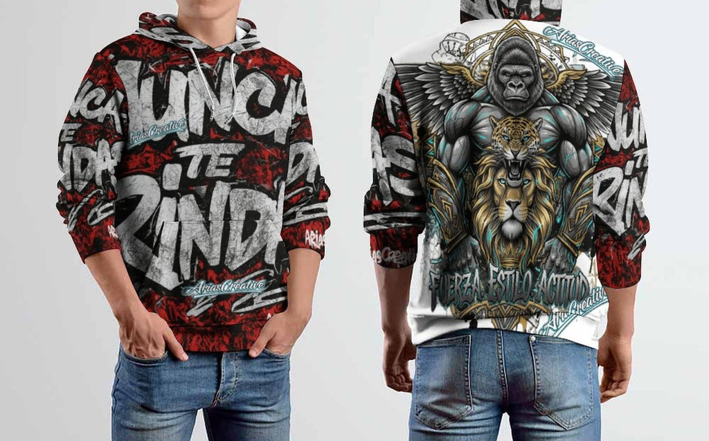 Sudadera con Capucha  “NUNCA TE RINDAS” – Rojo, Plata y Negro | AriasCreative (Edición Limitada)